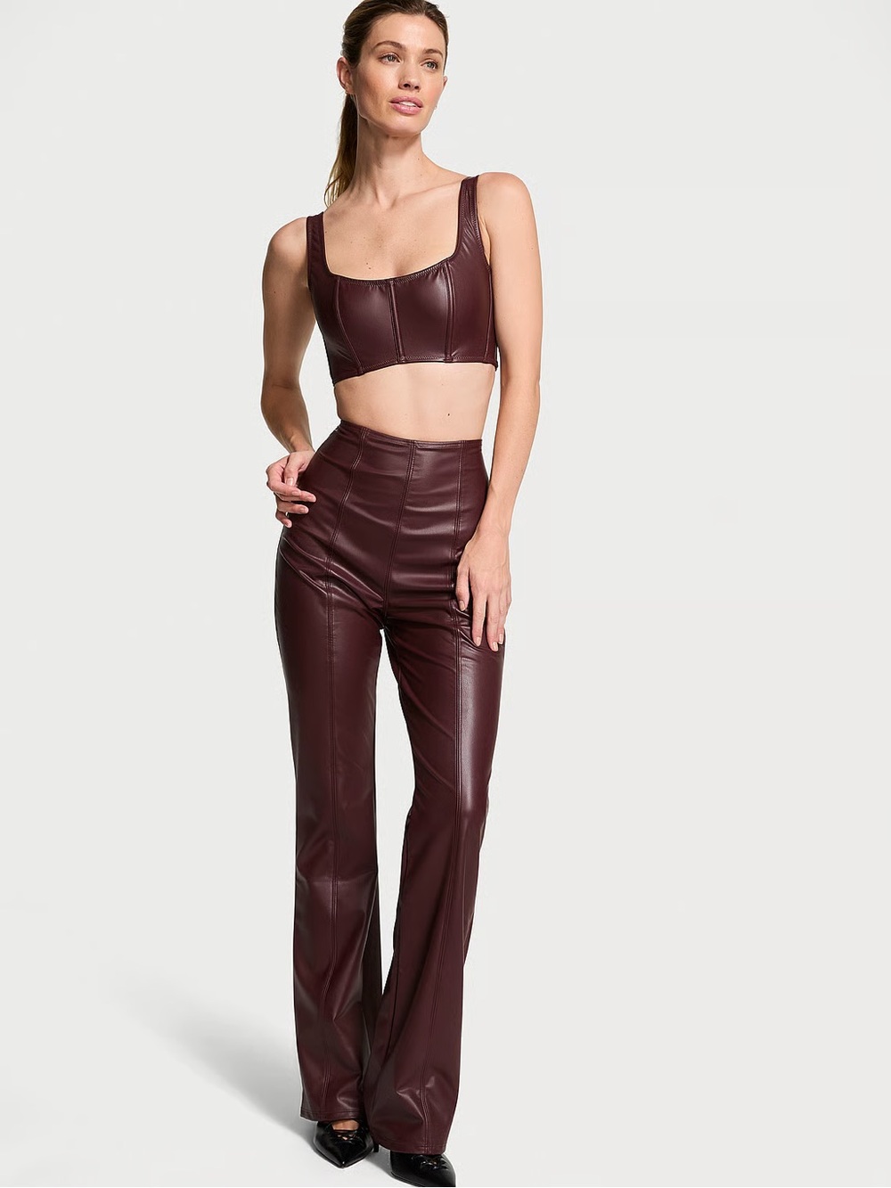 Victoria's Secret Faux Leather Mini Corset Top Lace Up, NWT, L, Burgundy Brown